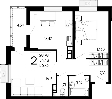 2-комн., 54.48 м², 8/16 этаж, ЖК «Эпос»