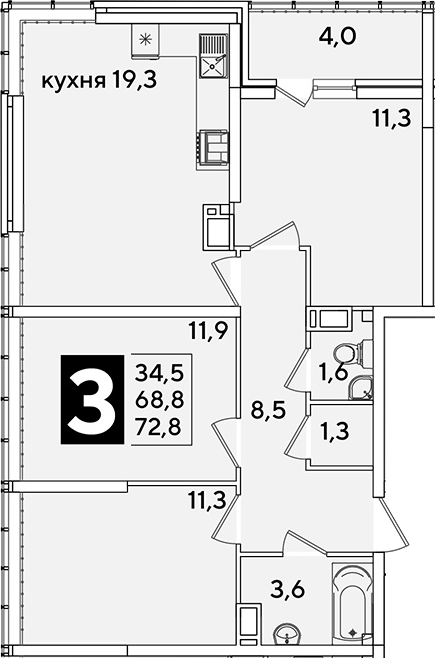 4+ комнаты, 68.8 м², 15/16 этаж, ЖК «Самолет»