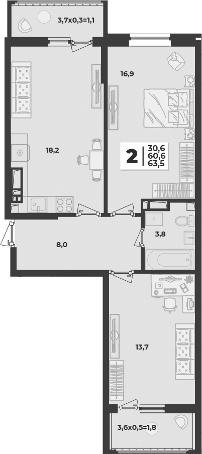 3-комн., 60.6 м², 7/9 этаж, ЖК «Лето»