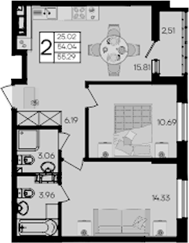 2-комн., 54.04 м², 8/9 этаж, ЖК «Дом 101»