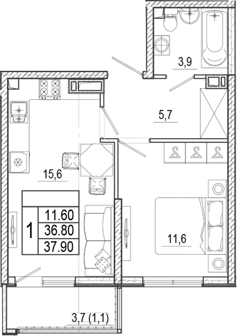 1-комн., 36.8 м², 15/15 этаж, ЖК «Лестория»