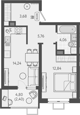 1-комн., 40.58 м², 8/9 этаж, ЖК «Теплые края»