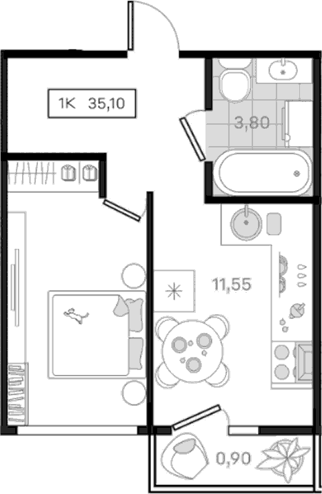 1-комн., 34.2 м², 6/8 этаж, ЖК «История 3»