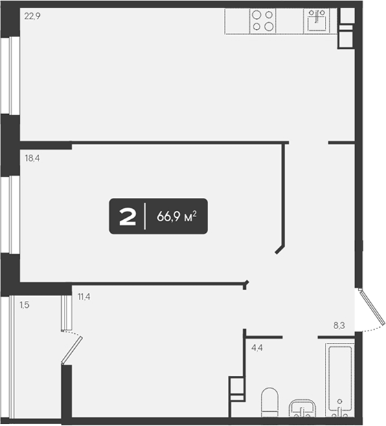 2-комн., 65.4 м², 4/9 этаж, ЖК «Архитектор. ГК ЮгСтройИнвест»