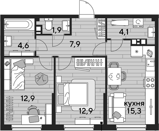 2-комн., 59.6 м², 9/16 этаж, ЖК «DОГМА ПАРК»