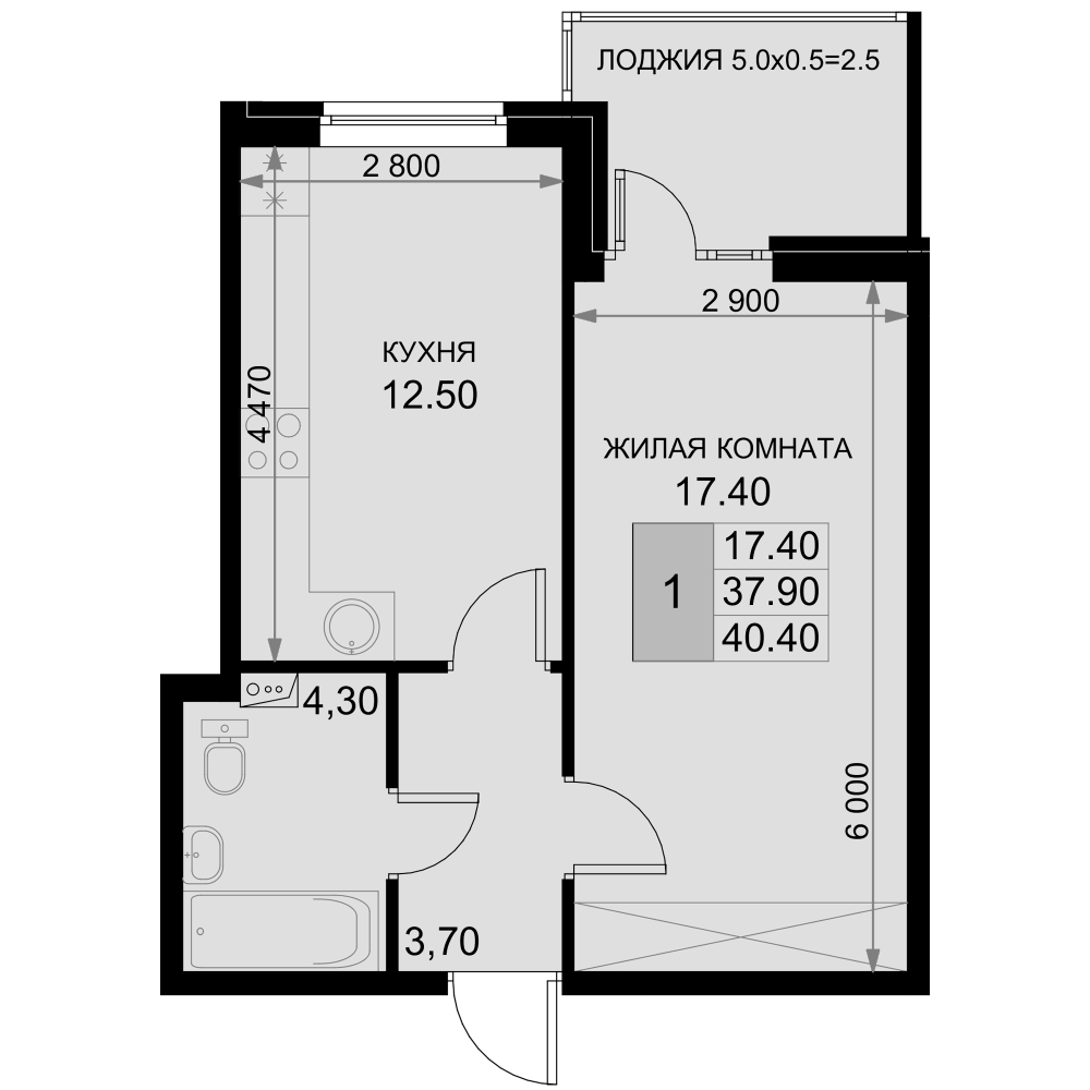 1-комн., 37.9 м², 2/7 этаж, ЖК «История»