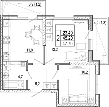 2-комн., 45.2 м², 1/17 этаж, ЖК «Лестория»