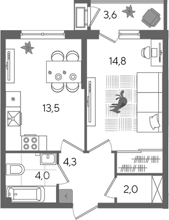 1-комн., 38.6 м², 2/24 этаж, ЖК «Рекорд»