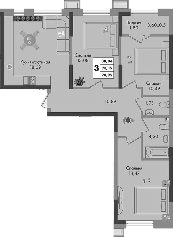 3-комн., 73.15 м², 7/9 этаж, ЖК «Зеленая территория»