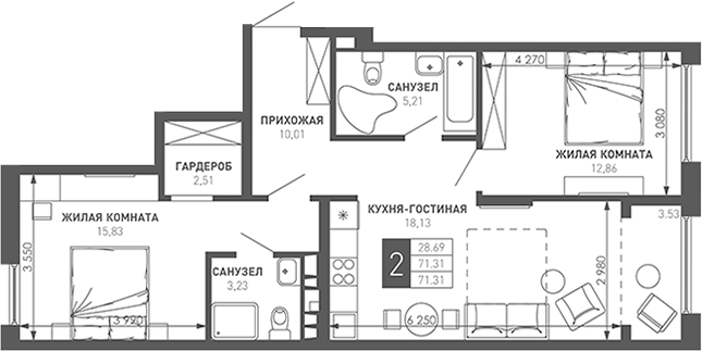2-комн., 73.1 м², 2/9 этаж, ЖК «Иначе в Молодежном»