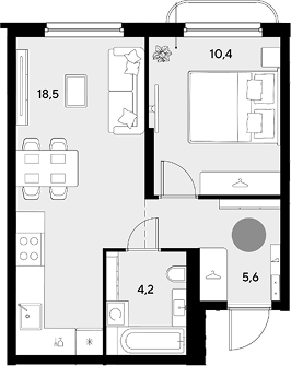1-комн., 38.7 м², 2/9 этаж, ЖК «Грейд»