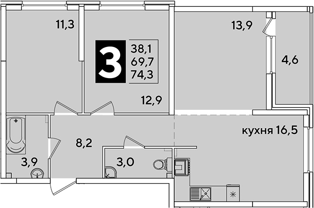 4+ комнаты, 69.7 м², 2/16 этаж, ЖК «Самолет»