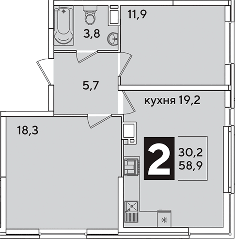 3-комн., 58.9 м², 12/16 этаж, ЖК «Самолет»