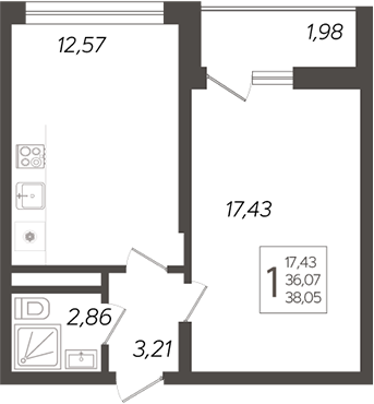 1-комн., 36.07 м², 8/19 этаж, ЖК «Кислород»