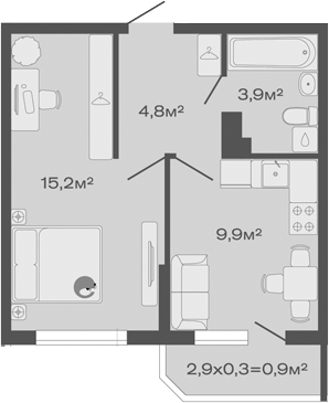 1-комн., 33.8 м², 2/4 этаж, ЖК «Дзенпарк»