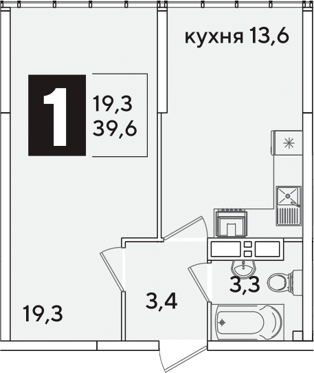 1-комн., 39.6 м², 16/16 этаж, ЖК «Самолет»