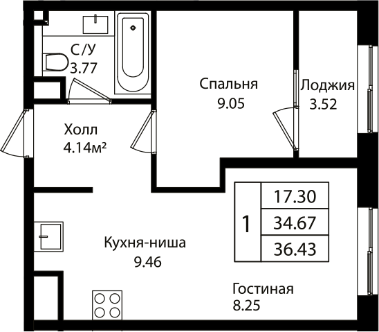 2-комн., 34.44 м², 11/18 этаж, ЖК «Патрики»