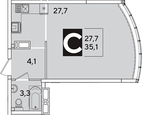 Студия, 35.1 м², 15/16 этаж, ЖК «Самолет»