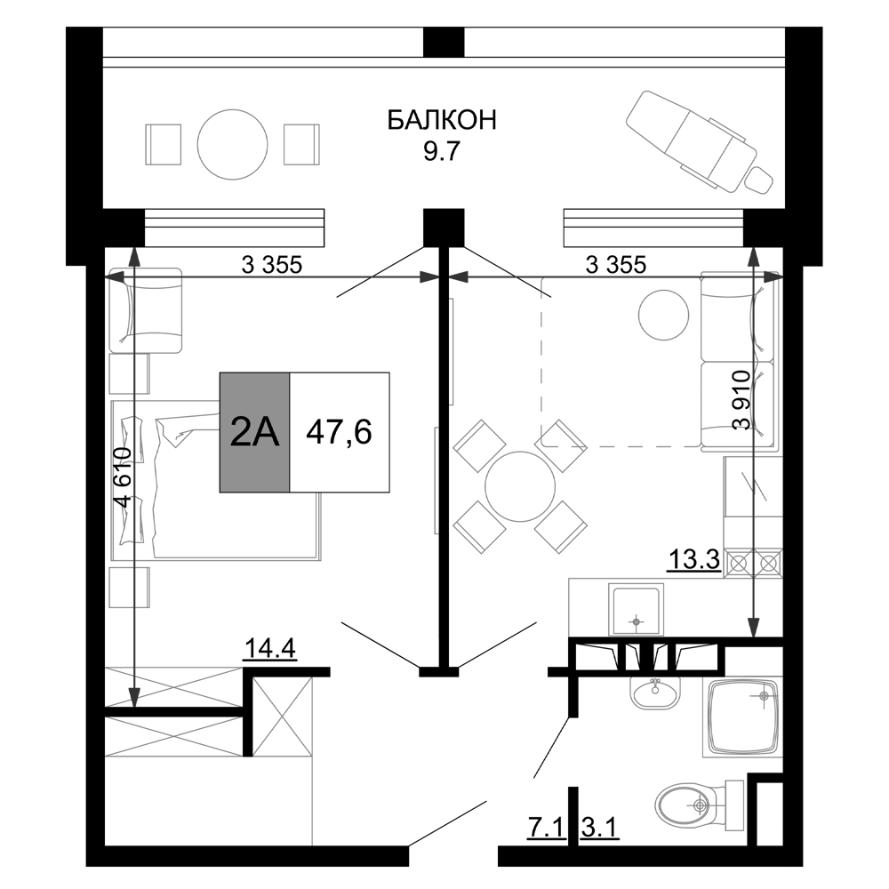 2-комн., 37.9 м², 5/9 этаж, ЖК «Гостиничный комплекс Мореград»