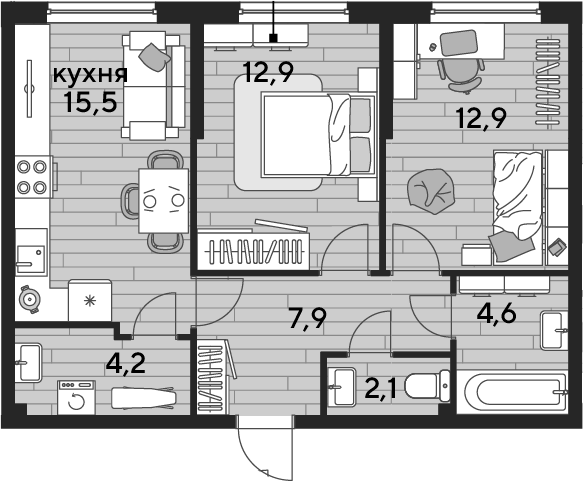 2-комн., 60.1 м², 2/16 этаж, ЖК «DОГМА ПАРК»