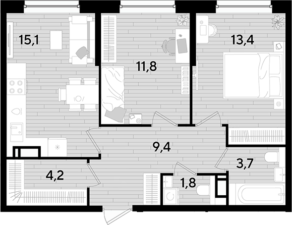 2-комн., 59.4 м², 14/16 этаж, ЖК «DОГМА ПАРК»