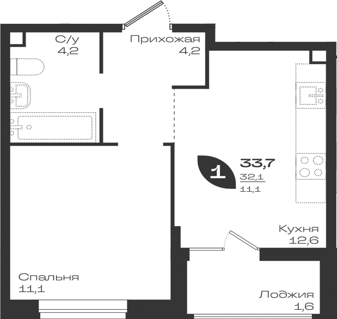 1-комн., 32.1 м², 2/9 этаж, ЖК «Ботаника»