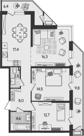 4+ комнаты, 75.8 м², 2/24 этаж, ЖК «Рекорд»