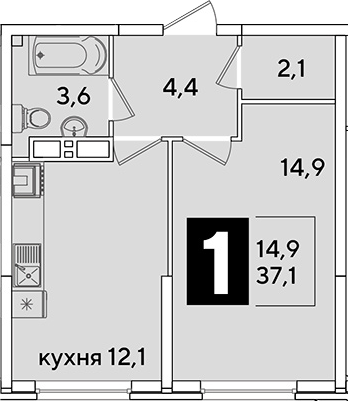 Продается 1-комн. квартира, 37.1 м²