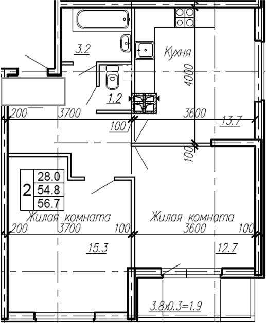 2-комн., 54.8 м², 3/4 этаж, ЖК «Эво»