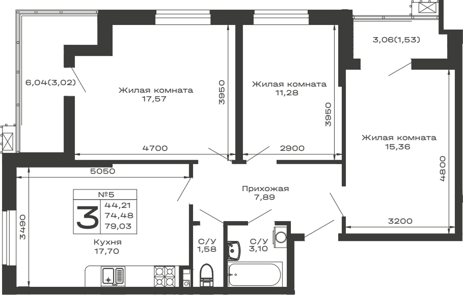 3-комн., 74.48 м², 2/13 этаж, ЖК «Долина»
