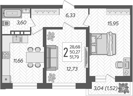 2-комн., 50.27 м², 1/16 этаж, ЖК «Смородина»