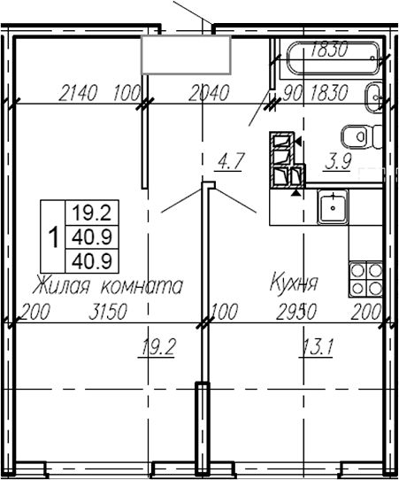 1-комн., 40.9 м², 4/4 этаж, ЖК «Эво»