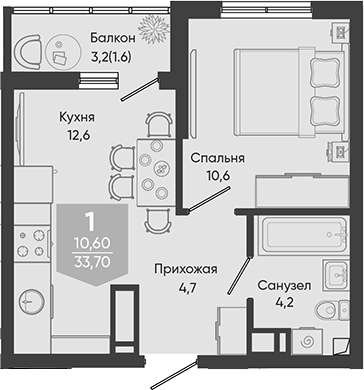 1-комн., 32.1 м², 23/24 этаж, ЖК «Облака»