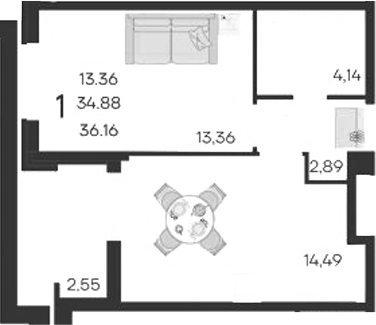 Продается 1-комн. квартира, 34.89 м²