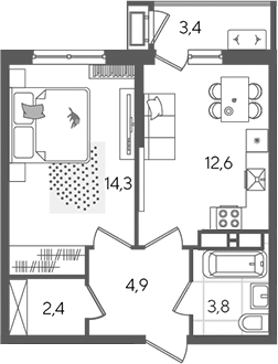 1-комн., 38 м², 16/24 этаж, ЖК «Рекорд»