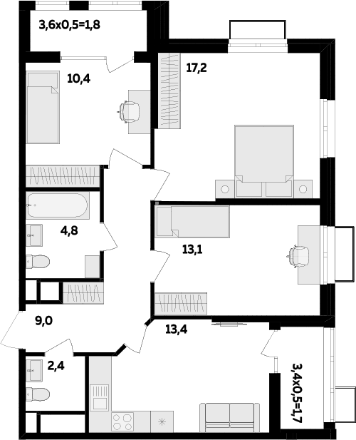 3-комн., 70.3 м², 3/16 этаж, ЖК «МегаСити»