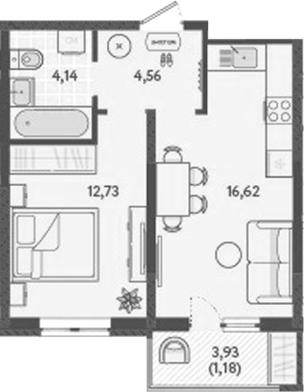 1-комн., 38.05 м², 4/9 этаж, ЖК «Теплые края»