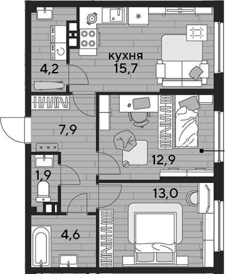 2-комн., 60.2 м², 3/19 этаж, ЖК «DОГМА ПАРК»