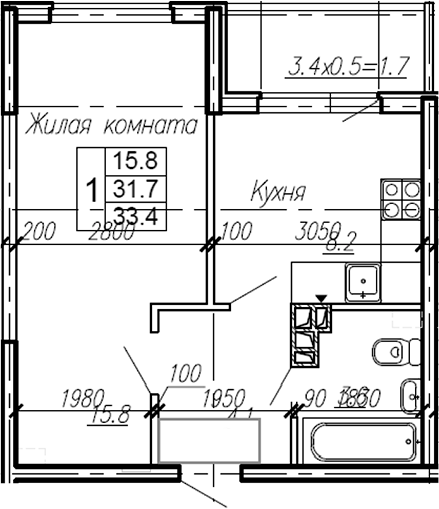 1-комн., 31.7 м², 1/4 этаж, ЖК «Эво»