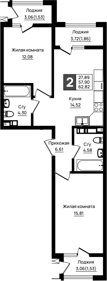 2-комн., 57.9 м², 5/9 этаж, ЖК «Резиденция морей»