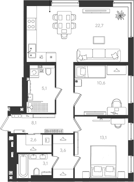 2-комн., 68.9 м², 2/18 этаж, ЖК «Самолет»