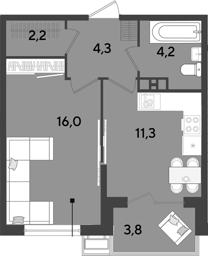 1-комн., 38 м², 6/9 этаж, ЖК «Парк Победы»