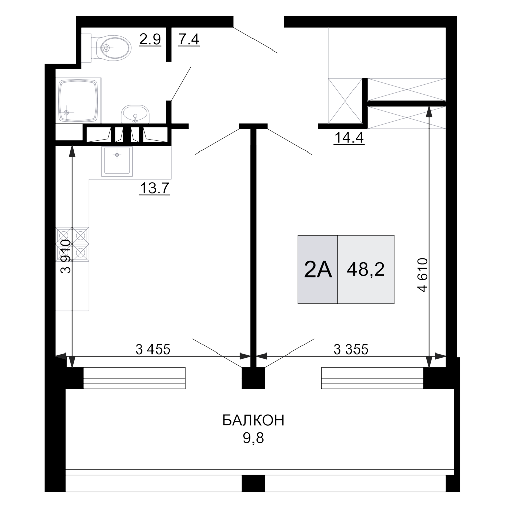 2-комн., 38.4 м², 4/9 этаж, ЖК «Гостиничный комплекс Мореград»