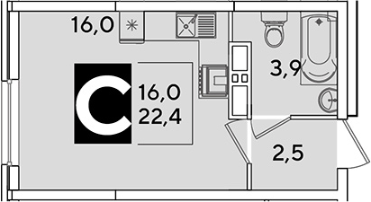 Студия, 22.4 м², 12/16 этаж, ЖК «Самолет»
