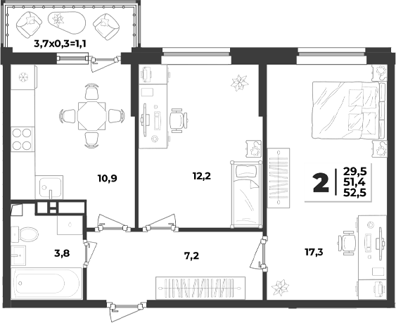 2-комн., 51.4 м², 2/9 этаж, ЖК «Лето»