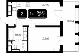 2-комн., 41 м², 1/9 этаж, ЖК «ГК Кайрос»