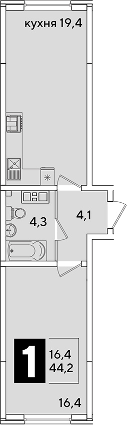 2-комн., 44.2 м², 8/16 этаж, ЖК «Самолет»