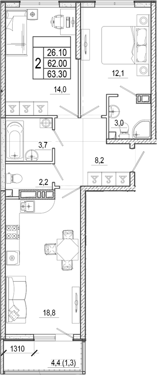 3-комн., 62 м², 13/17 этаж, ЖК «Лестория»
