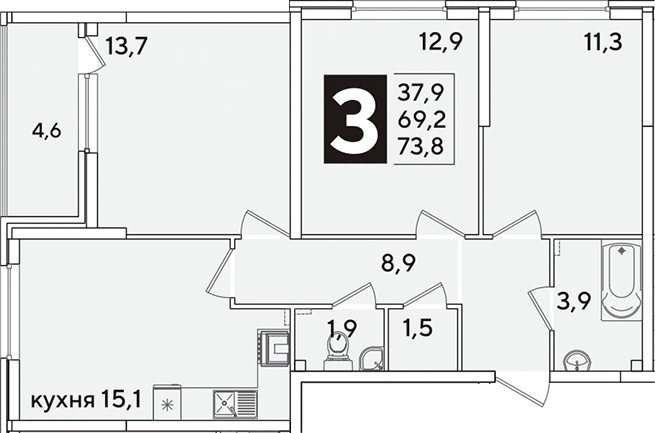 4+ комнаты, 69.2 м², 2/16 этаж, ЖК «Самолет»