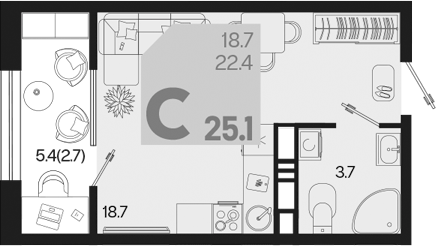 Студия, 22.4 м², 8/18 этаж, ЖК «Первое место»